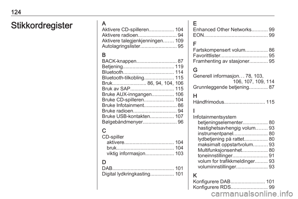 OPEL ZAFIRA C 2016.5  Brukerhåndbok for infotainmentsystem 124StikkordregisterAAktivere CD-spilleren ..................104
Aktivere radioen............................ 94
Aktivere talegjenkjenningen .......109
Autolagringslister ..........................95
B