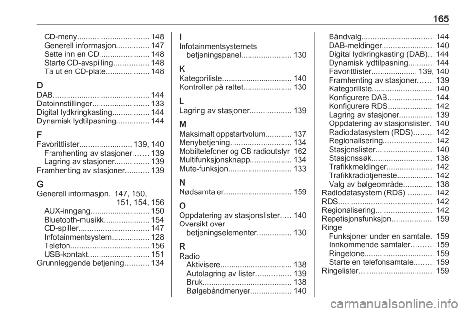 OPEL ZAFIRA C 2016.5  Brukerhåndbok for infotainmentsystem 165CD-meny................................. 148
Generell informasjon ...............147
Sette inn en CD .......................148
Starte CD-avspilling ................148
Ta ut en CD-plate ..........