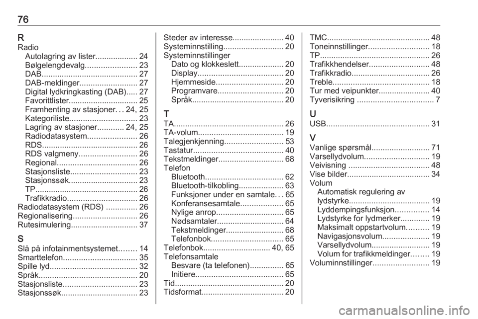 OPEL ZAFIRA C 2016.5  Brukerhåndbok for infotainmentsystem 76RRadio Autolagring av lister................... 24
Bølgelengdevalg .......................23
DAB ........................................... 27
DAB-meldinger .......................... 27
Digital l