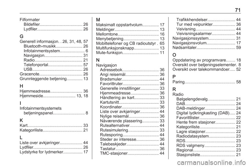 OPEL ZAFIRA C 2017  Brukerhåndbok for infotainmentsystem 71FilformaterBildefiler .................................... 26
Lydfiler....................................... 26
G
Generell informasjon ..26, 31, 48, 57
Bluetooth-musikk....................... 26
In