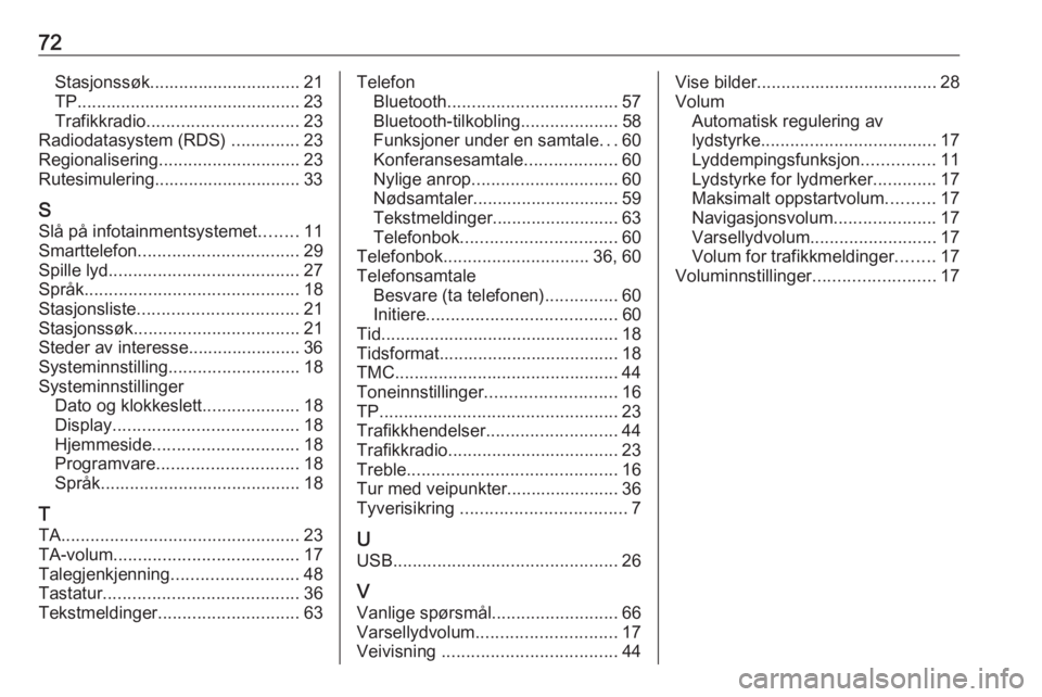 OPEL ZAFIRA C 2017  Brukerhåndbok for infotainmentsystem 72Stasjonssøk............................... 21
TP.............................................. 23
Trafikkradio ............................... 23
Radiodatasystem (RDS)  ..............23
Regionalise