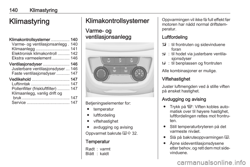 OPEL ZAFIRA C 2017.25 Instruksjonsbok 140KlimastyringKlimastyringKlimakontrollsystemer................140
Varme- og ventilasjonsanlegg . 140
Klimaanlegg ............................. 141
Elektronisk klimakontroll ..........142
Ekstra varm OPEL ZAFIRA C 2017.25 Instruksjonsbok 140KlimastyringKlimastyringKlimakontrollsystemer................140
Varme- og ventilasjonsanlegg . 140
Klimaanlegg ............................. 141
Elektronisk klimakontroll ..........142
Ekstra varm
