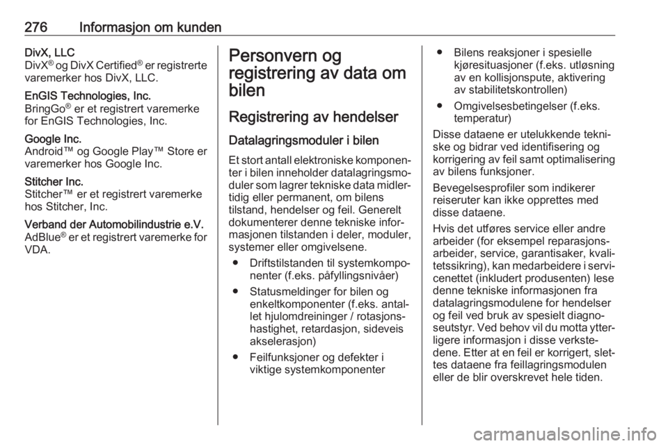 OPEL ZAFIRA C 2017.25 Instruksjonsbok 276Informasjon om kundenDivX, LLC
DivX ®
og DivX Certified ®
er registrerte
varemerker hos DivX, LLC.EnGIS Technologies, Inc.
BringGo ®
er et registrert varemerke
for EnGIS Technologies, Inc.Goo OPEL ZAFIRA C 2017.25 Instruksjonsbok 276Informasjon om kundenDivX, LLC
DivX ®
og DivX Certified ®
er registrerte
varemerker hos DivX, LLC.EnGIS Technologies, Inc.
BringGo ®
er et registrert varemerke
for EnGIS Technologies, Inc.Goo