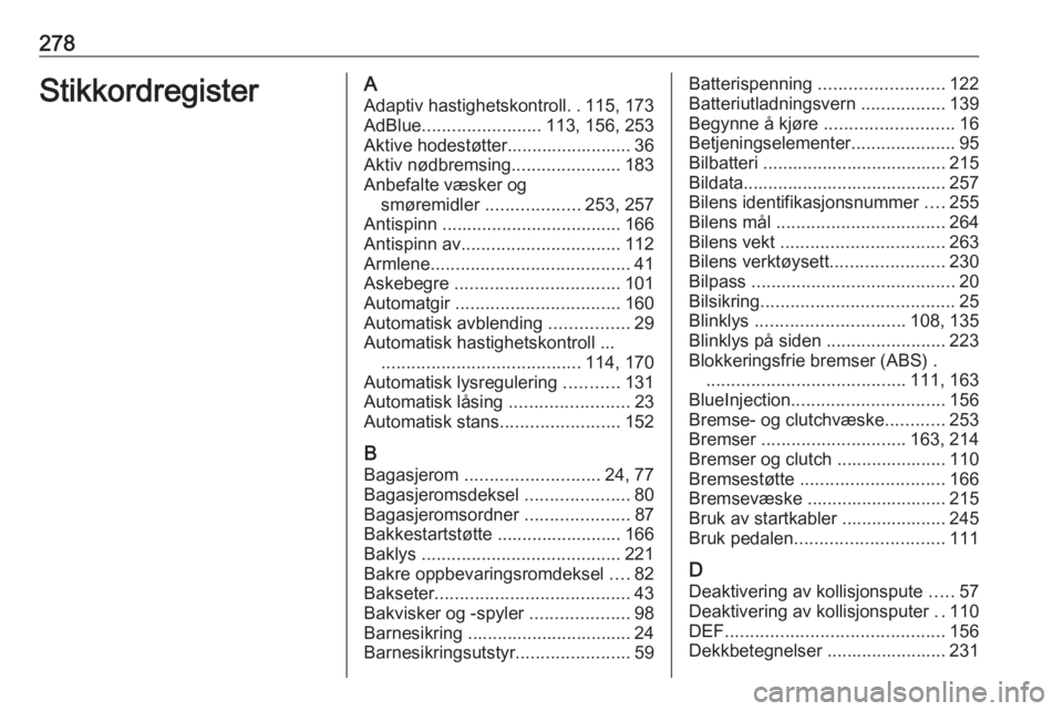 OPEL ZAFIRA C 2017.25 Instruksjonsbok 278StikkordregisterAAdaptiv hastighetskontroll ..115, 173
AdBlue ........................ 113, 156, 253
Aktive hodestøtter......................... 36
Aktiv nødbremsing ......................183
Anb OPEL ZAFIRA C 2017.25 Instruksjonsbok 278StikkordregisterAAdaptiv hastighetskontroll ..115, 173
AdBlue ........................ 113, 156, 253
Aktive hodestøtter......................... 36
Aktiv nødbremsing ......................183
Anb