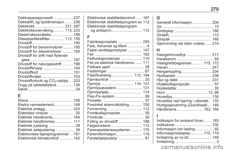 OPEL ZAFIRA C 2017.25 Instruksjonsbok 279Dekkreparasjonssett ..................237
Dekkskift, og hjuldimensjon .......236
Dekktrykk ........................... 231, 267
Dekktrykkovervåking ..........113, 233
Diesel-eksosvæske ........ OPEL ZAFIRA C 2017.25 Instruksjonsbok 279Dekkreparasjonssett ..................237
Dekkskift, og hjuldimensjon .......236
Dekktrykk ........................... 231, 267
Dekktrykkovervåking ..........113, 233
Diesel-eksosvæske ........