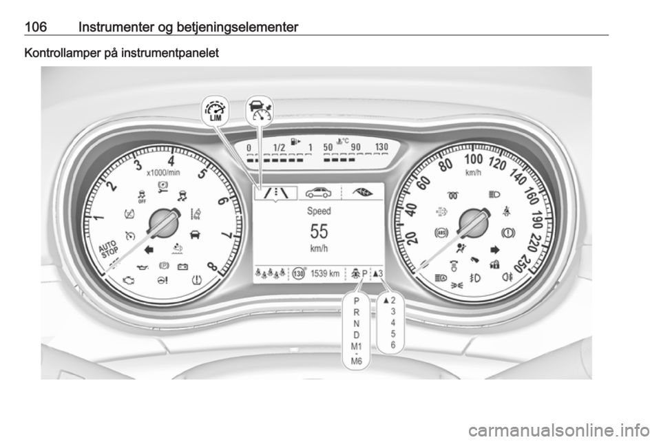 OPEL ZAFIRA C 2017.5  Instruksjonsbok 106Instrumenter og betjeningselementerKontrollamper på instrumentpanelet 