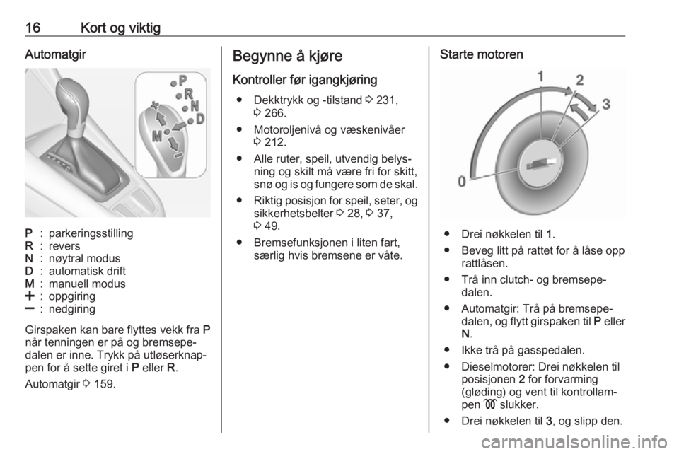 OPEL ZAFIRA C 2017.5  Instruksjonsbok 16Kort og viktigAutomatgirP:parkeringsstillingR:reversN:nøytral modusD:automatisk driftM:manuell modus<:oppgiring]:nedgiring
Girspaken kan bare flyttes vekk fra P
når tenningen er på og bremsepe‐