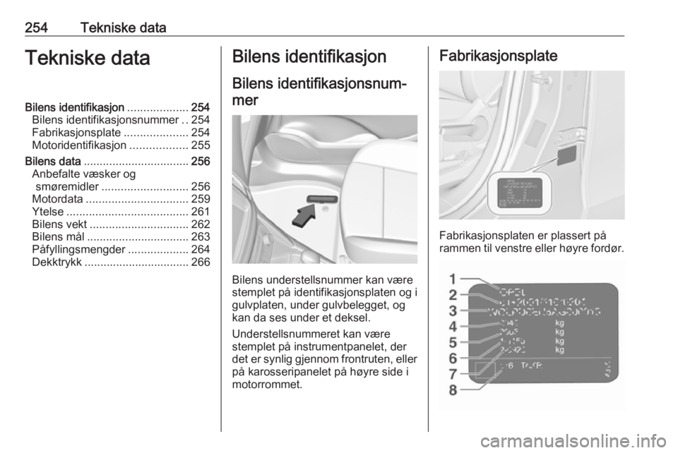OPEL ZAFIRA C 2017.5 Instruksjonsbok 254Tekniske dataTekniske dataBilens identifikasjon...................254
Bilens identifikasjonsnummer ..254
Fabrikasjonsplate ....................254
Motoridentifikasjon ..................255
Bilens d OPEL ZAFIRA C 2017.5 Instruksjonsbok 254Tekniske dataTekniske dataBilens identifikasjon...................254
Bilens identifikasjonsnummer ..254
Fabrikasjonsplate ....................254
Motoridentifikasjon ..................255
Bilens d