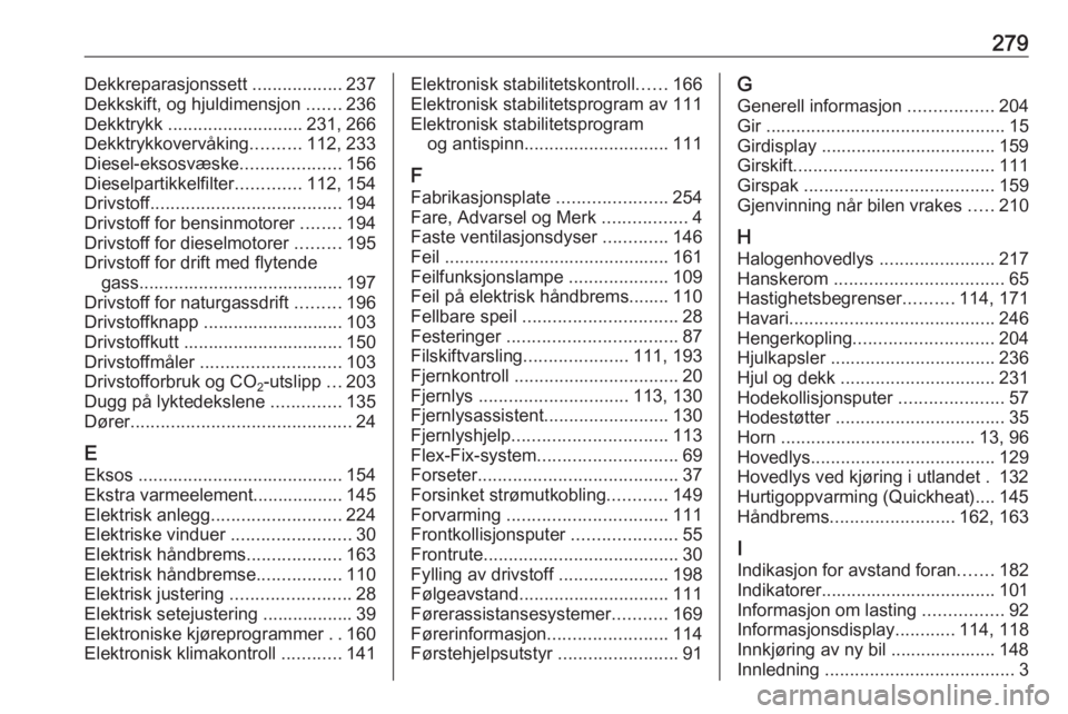 OPEL ZAFIRA C 2017.5 Instruksjonsbok 279Dekkreparasjonssett ..................237
Dekkskift, og hjuldimensjon .......236
Dekktrykk ........................... 231, 266
Dekktrykkovervåking ..........112, 233
Diesel-eksosvæske ........ OPEL ZAFIRA C 2017.5 Instruksjonsbok 279Dekkreparasjonssett ..................237
Dekkskift, og hjuldimensjon .......236
Dekktrykk ........................... 231, 266
Dekktrykkovervåking ..........112, 233
Diesel-eksosvæske ........