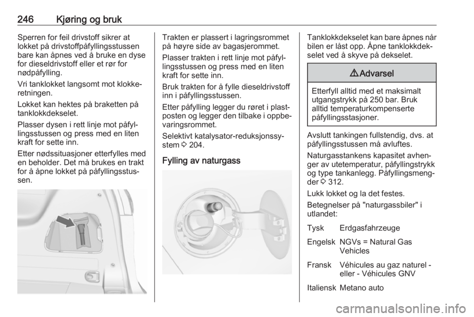 OPEL ZAFIRA C 2018  Instruksjonsbok 246Kjøring og brukSperren for feil drivstoff sikrer at
lokket på drivstoffpåfyllingsstussen
bare kan åpnes ved å bruke en dyse
for dieseldrivstoff eller et rør for
nødpåfylling.
Vri tanklokket