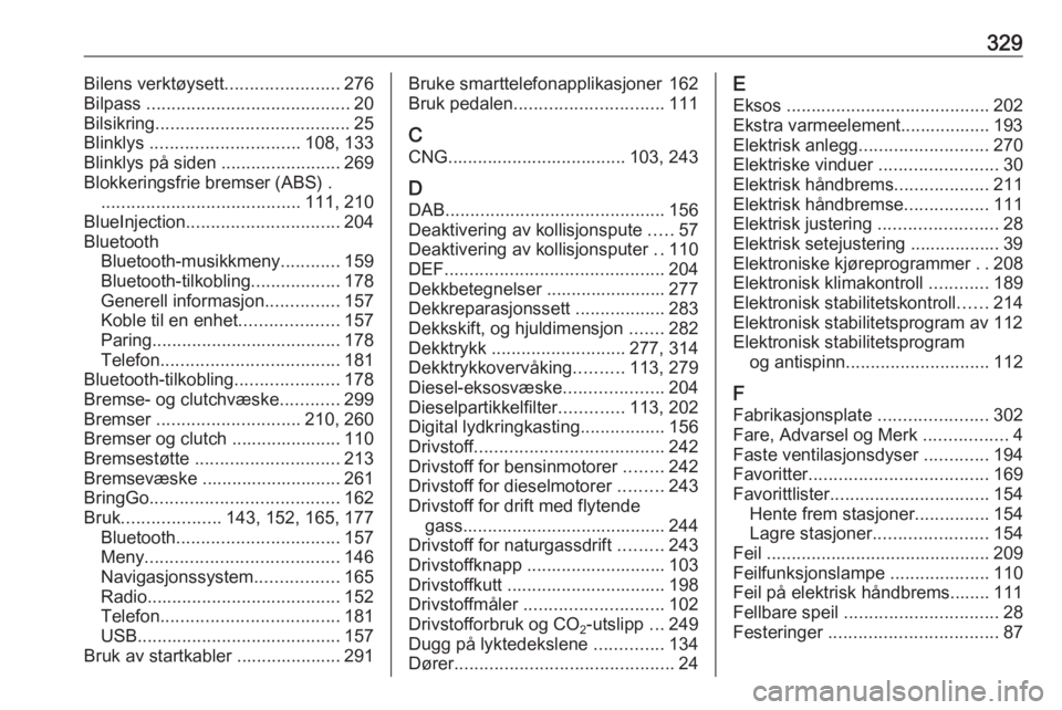 OPEL ZAFIRA C 2018  Instruksjonsbok 329Bilens verktøysett.......................276
Bilpass  ......................................... 20
Bilsikring ....................................... 25
Blinklys  .............................. 10