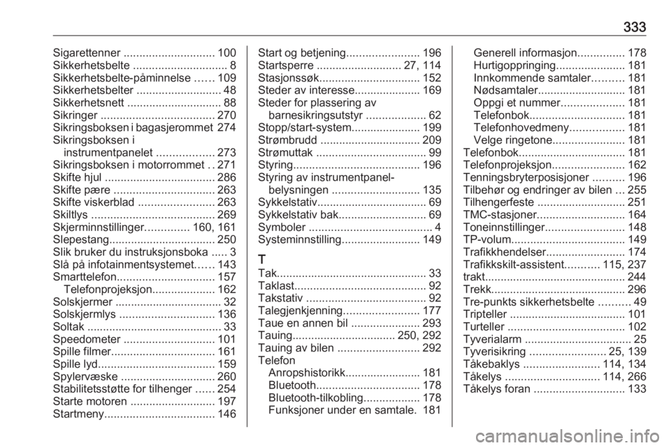 OPEL ZAFIRA C 2018  Instruksjonsbok 333Sigarettenner ............................. 100
Sikkerhetsbelte  .............................. 8
Sikkerhetsbelte-påminnelse  ......109
Sikkerhetsbelter  ........................... 48
Sikkerhetsn