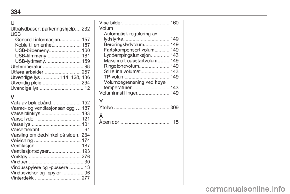 OPEL ZAFIRA C 2018  Instruksjonsbok 334UUltralydbasert parkeringshjelp ....232
USB Generell informasjon ...............157
Koble til en enhet ....................157
USB-bildemeny .......................160
USB-filmmeny ................