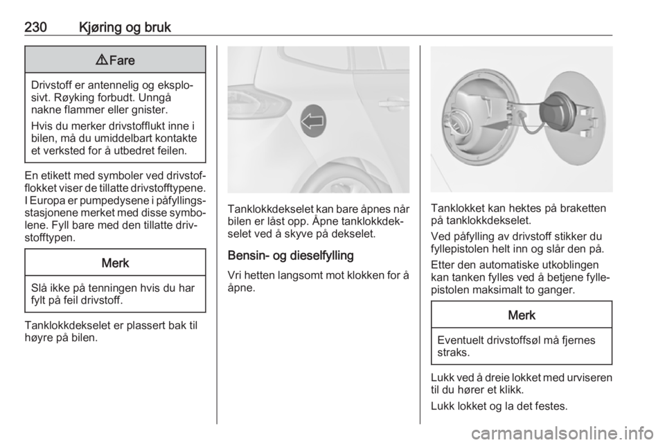 OPEL ZAFIRA C 2019  Instruksjonsbok 230Kjøring og bruk9Fare
Drivstoff er antennelig og eksplo‐
sivt. Røyking forbudt. Unngå
nakne flammer eller gnister.
Hvis du merker drivstofflukt inne i
bilen, må du umiddelbart kontakte et verk
