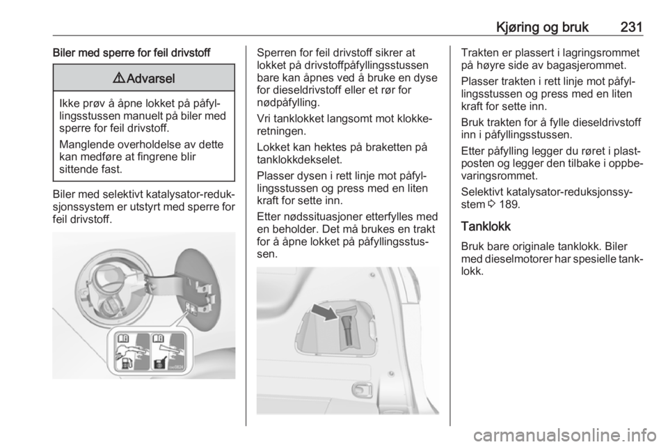 OPEL ZAFIRA C 2019  Instruksjonsbok Kjøring og bruk231Biler med sperre for feil drivstoff9Advarsel
Ikke prøv å åpne lokket på påfyl‐
lingsstussen manuelt på biler med
sperre for feil drivstoff.
Manglende overholdelse av dette
k