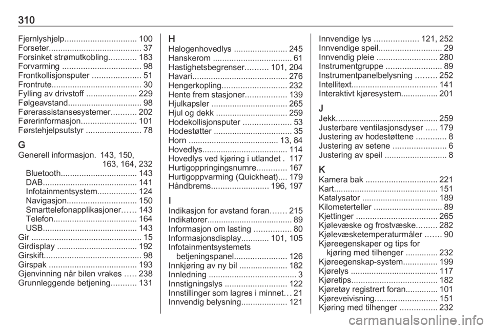 OPEL ZAFIRA C 2019  Instruksjonsbok 310Fjernlyshjelp............................... 100
Forseter ........................................ 37
Forsinket strømutkobling ............183
Forvarming  .................................. 98
Fro