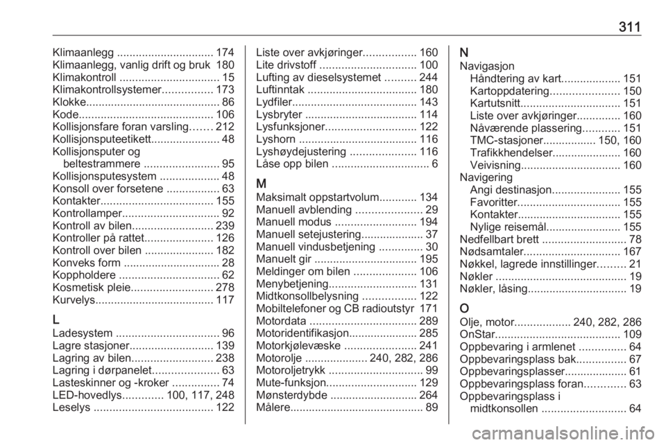 OPEL ZAFIRA C 2019  Instruksjonsbok 311Klimaanlegg ............................... 174
Klimaanlegg, vanlig drift og bruk  180
Klimakontroll  ................................ 15
Klimakontrollsystemer ................173
Klokke ..........