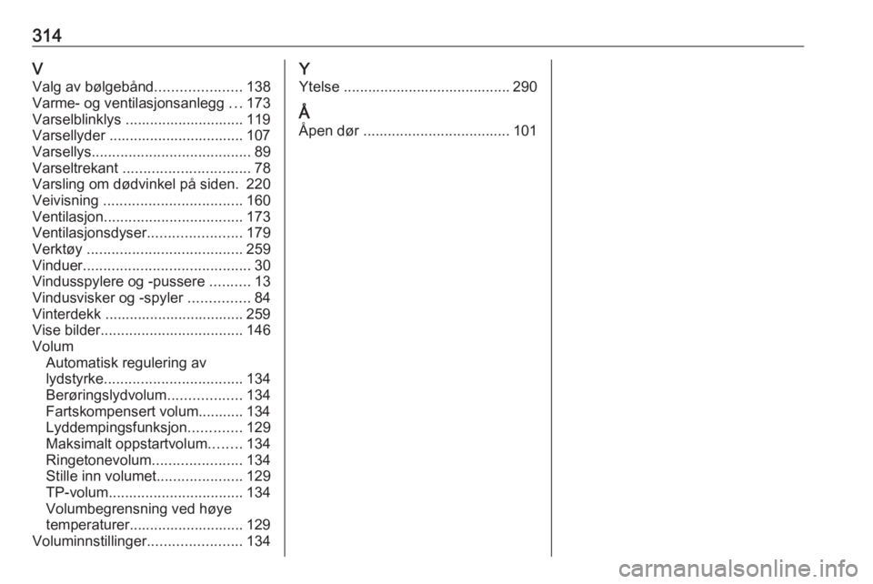 OPEL ZAFIRA C 2019  Instruksjonsbok 314VValg av bølgebånd .....................138
Varme- og ventilasjonsanlegg  ...173
Varselblinklys ............................. 119
Varsellyder ................................. 107 Varsellys .....