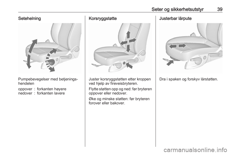 OPEL ZAFIRA C 2019  Instruksjonsbok Seter og sikkerhetsutstyr39Setehelning
Pumpebevegelser med betjenings‐
hendelen
oppover:forkanten høyerenedover:forkanten lavereKorsryggstøtte
Juster korsryggstøtten etter kroppen
ved hjelp av fi