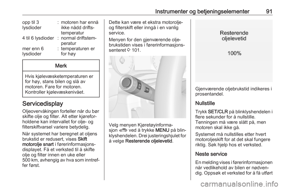OPEL ZAFIRA C 2019  Instruksjonsbok Instrumenter og betjeningselementer91opp til 3
lysdioder:motoren har ennå
ikke nådd drifts‐
temperatur4 til 6 lysdioder:normal driftstem‐
peraturmer enn 6
lysdioder:temperaturen er
for høyMerk
