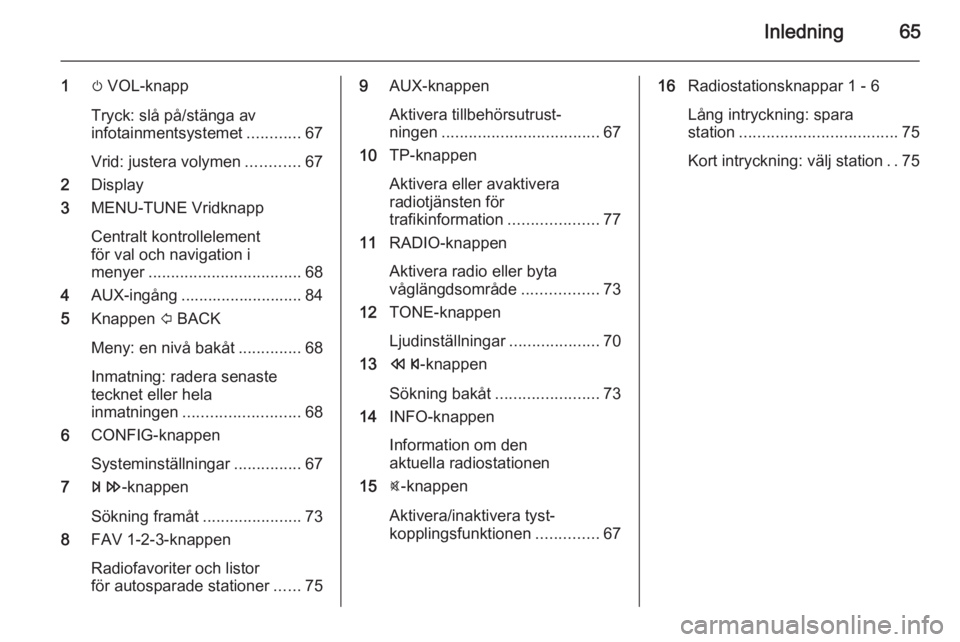 OPEL ADAM 2014 Handbok för infotainmentsystem Inledning65
1m VOL-knapp
Tryck: slå på/stänga av
infotainmentsystemet ............67
Vrid: justera volymen ............67
2 Display
3 MENU-TUNE Vridknapp
Centralt kontrollelement
för val och navig OPEL ADAM 2014 Handbok för infotainmentsystem Inledning65
1m VOL-knapp
Tryck: slå på/stänga av
infotainmentsystemet ............67
Vrid: justera volymen ............67
2 Display
3 MENU-TUNE Vridknapp
Centralt kontrollelement
för val och navig
