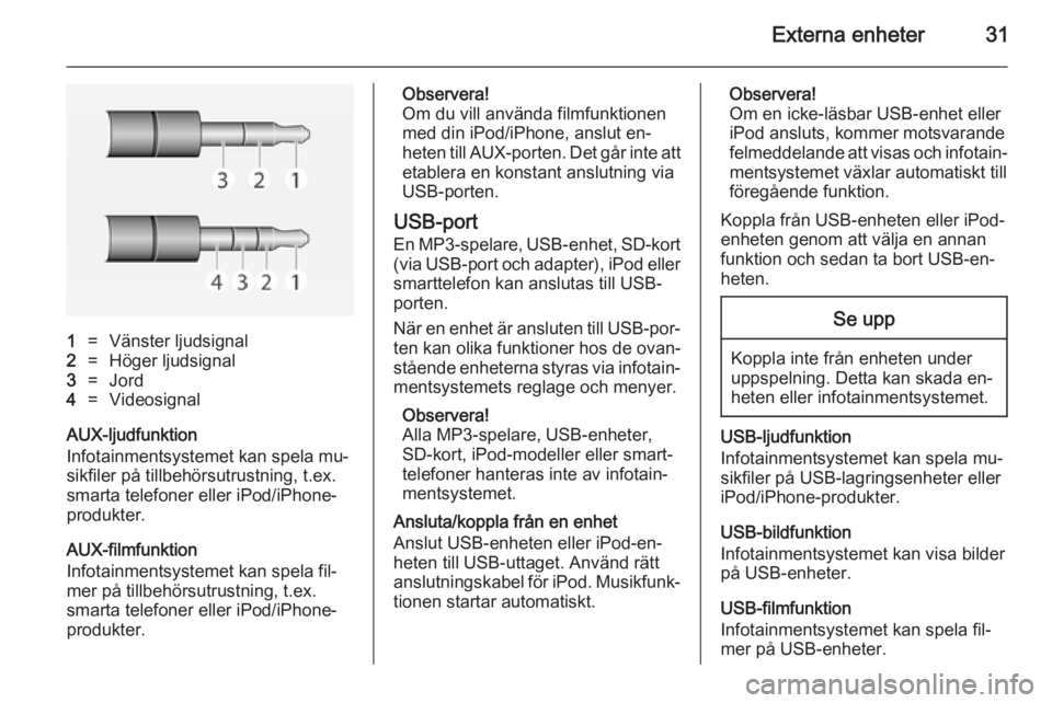 OPEL ADAM 2014.5 Handbok för infotainmentsystem Externa enheter31
1=Vänster ljudsignal2=Höger ljudsignal3=Jord4=Videosignal
AUX-ljudfunktion
Infotainmentsystemet kan spela mu‐
sikfiler på tillbehörsutrustning, t.ex.
smarta telefoner eller iPo OPEL ADAM 2014.5 Handbok för infotainmentsystem Externa enheter31
1=Vänster ljudsignal2=Höger ljudsignal3=Jord4=Videosignal
AUX-ljudfunktion
Infotainmentsystemet kan spela mu‐
sikfiler på tillbehörsutrustning, t.ex.
smarta telefoner eller iPo
