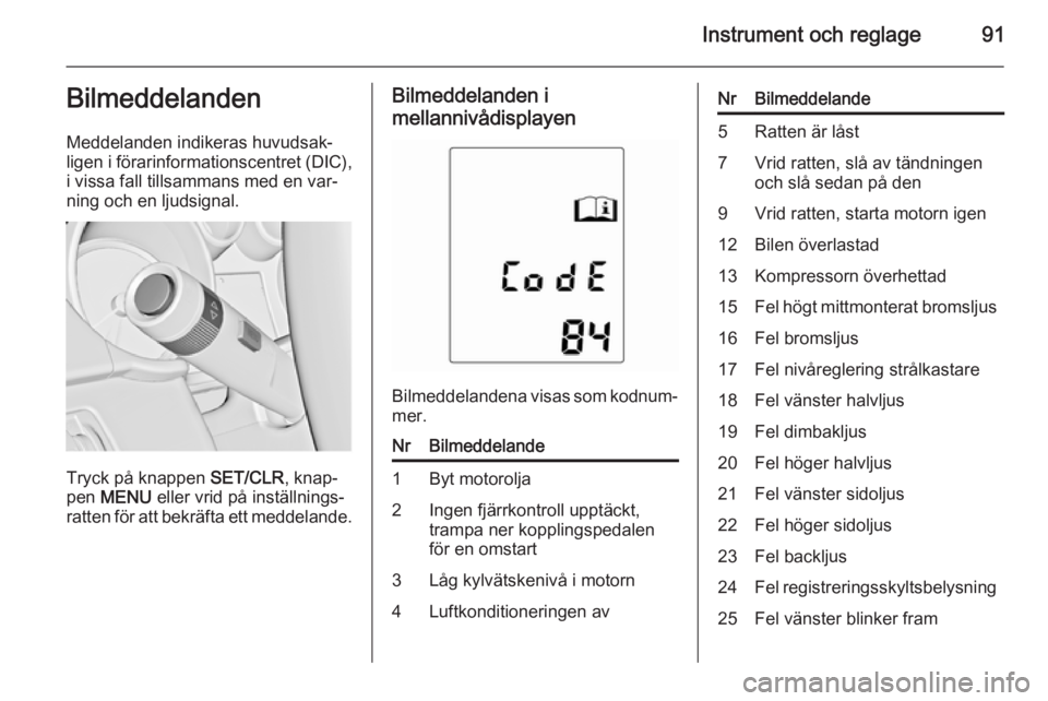 OPEL ADAM 2014.5 Handbok för infotainmentsystem Instrument och reglage91Bilmeddelanden
Meddelanden indikeras huvudsak‐
ligen i förarinformationscentret (DIC), i vissa fall tillsammans med en var‐
ning och en ljudsignal.
Tryck på knappen SET/ OPEL ADAM 2014.5 Handbok för infotainmentsystem Instrument och reglage91Bilmeddelanden
Meddelanden indikeras huvudsak‐
ligen i förarinformationscentret (DIC), i vissa fall tillsammans med en var‐
ning och en ljudsignal.
Tryck på knappen SET/