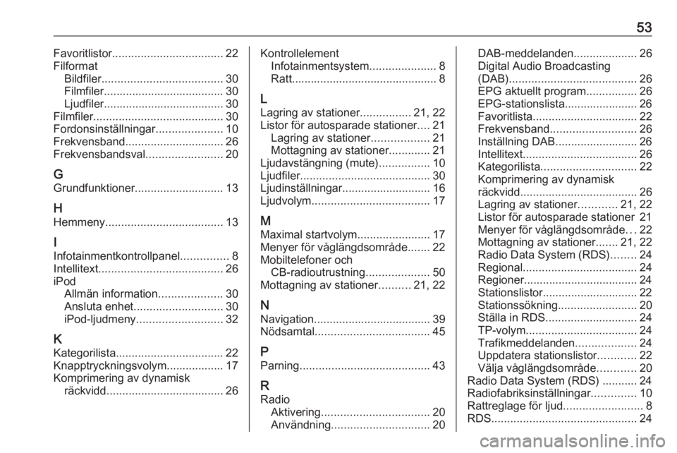 OPEL ADAM 2016 Handbok för infotainmentsystem 53Favoritlistor................................... 22
Filformat Bildfiler ...................................... 30
Filmfiler...................................... 30
Ljudfiler........................ OPEL ADAM 2016 Handbok för infotainmentsystem 53Favoritlistor................................... 22
Filformat Bildfiler ...................................... 30
Filmfiler...................................... 30
Ljudfiler........................