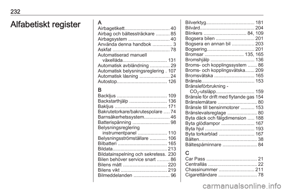 OPEL ADAM 2016.5  Instruktionsbok 232Alfabetiskt registerAAirbagetikett.................................. 40Airbag och bältessträckare  ..........85
Airbagsystem  ............................... 40
Använda denna handbok  ..........