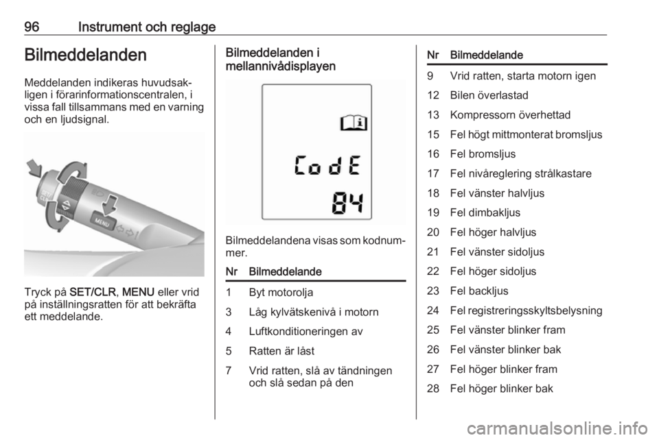 OPEL ADAM 2016.5 Instruktionsbok 96Instrument och reglageBilmeddelandenMeddelanden indikeras huvudsak‐
ligen i förarinformationscentralen, i
vissa fall tillsammans med en varning och en ljudsignal.
Tryck på SET/CLR , MENU eller OPEL ADAM 2016.5 Instruktionsbok 96Instrument och reglageBilmeddelandenMeddelanden indikeras huvudsak‐
ligen i förarinformationscentralen, i
vissa fall tillsammans med en varning och en ljudsignal.
Tryck på SET/CLR , MENU eller