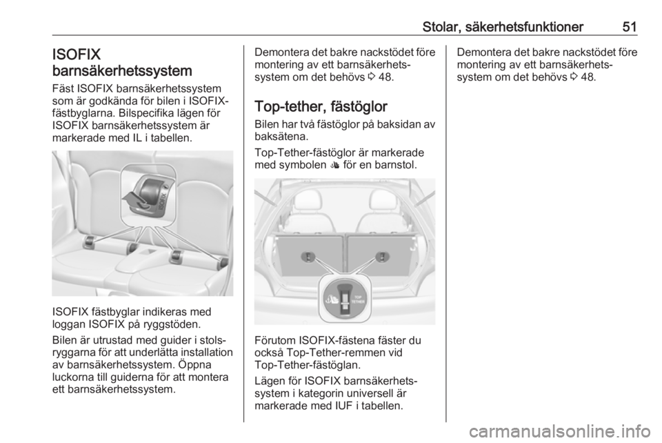 OPEL ADAM 2017 Instruktionsbok Stolar, säkerhetsfunktioner51ISOFIX
barnsäkerhetssystem
Fäst ISOFIX barnsäkerhetssystem
som är godkända för bilen i ISOFIX-
fästbyglarna. Bilspecifika lägen för
ISOFIX barnsäkerhetssystem OPEL ADAM 2017 Instruktionsbok Stolar, säkerhetsfunktioner51ISOFIX
barnsäkerhetssystem
Fäst ISOFIX barnsäkerhetssystem
som är godkända för bilen i ISOFIX-
fästbyglarna. Bilspecifika lägen för
ISOFIX barnsäkerhetssystem