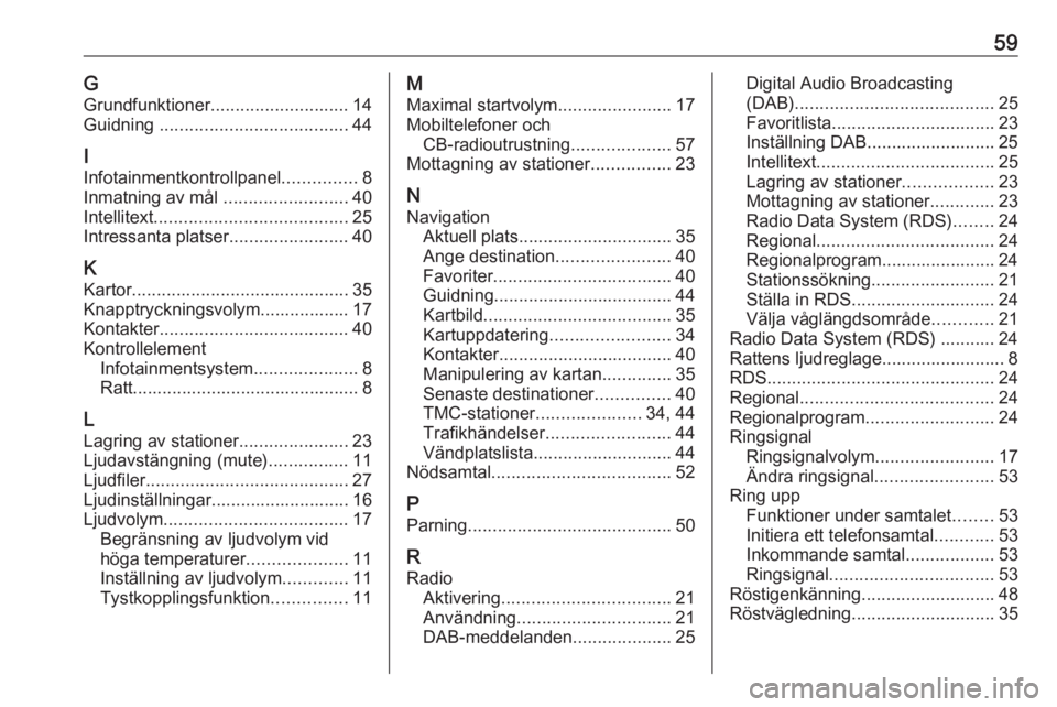 OPEL ADAM 2018  Handbok för infotainmentsystem 59GGrundfunktioner ............................ 14
Guidning  ...................................... 44
I
Infotainmentkontrollpanel ...............8
Inmatning av mål  .........................40
Intel