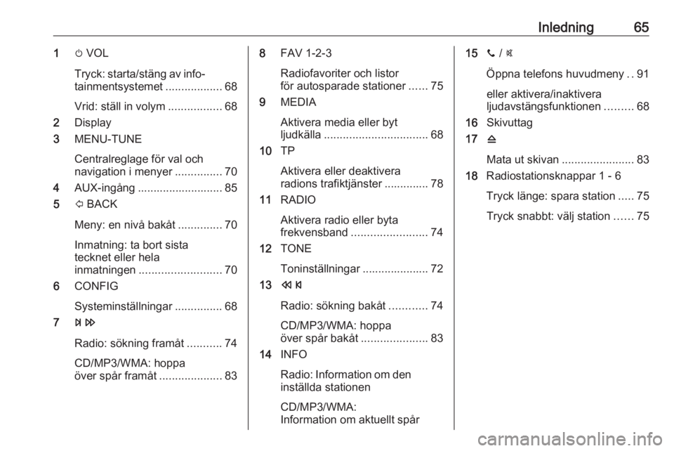 OPEL ADAM 2018  Handbok för infotainmentsystem Inledning651m VOL
Tryck: starta/stäng av info‐ tainmentsystemet ..................68
Vrid: ställ in volym .................68
2 Display
3 MENU-TUNE
Centralreglage för val och
navigation i menyer 