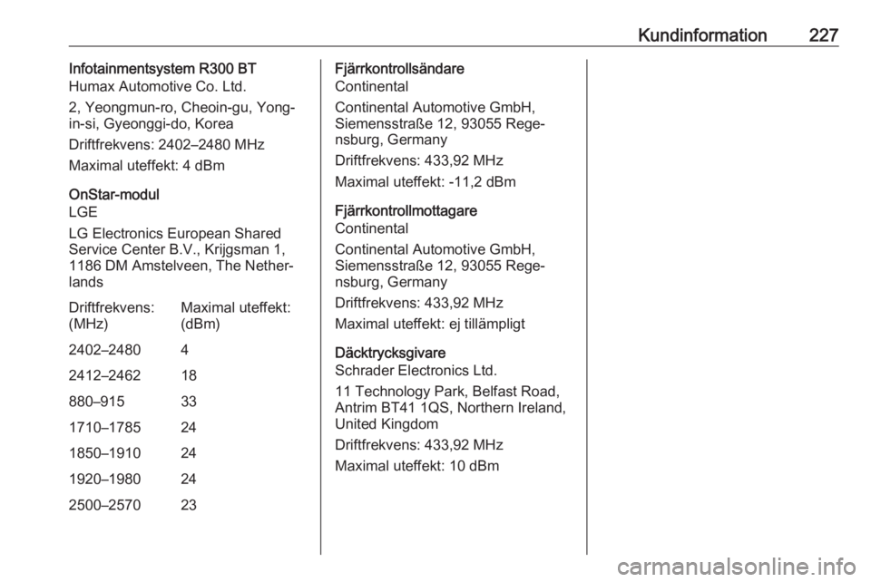 OPEL ADAM 2018  Instruktionsbok Kundinformation227Infotainmentsystem R300 BT
Humax Automotive Co. Ltd.
2, Yeongmun-ro, Cheoin-gu, Yong-
in-si, Gyeonggi-do, Korea
Driftfrekvens: 2402–2480 MHz
Maximal uteffekt: 4 dBm
OnStar-modul
LG