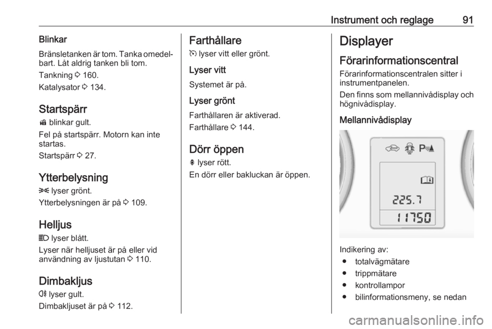 OPEL ADAM 2018.5  Instruktionsbok Instrument och reglage91BlinkarBränsletanken är tom. Tanka omedel‐
bart. Låt aldrig tanken bli tom.
Tankning  3 160.
Katalysator  3 134.
Startspärr
d  blinkar gult.
Fel på startspärr. Motorn k
