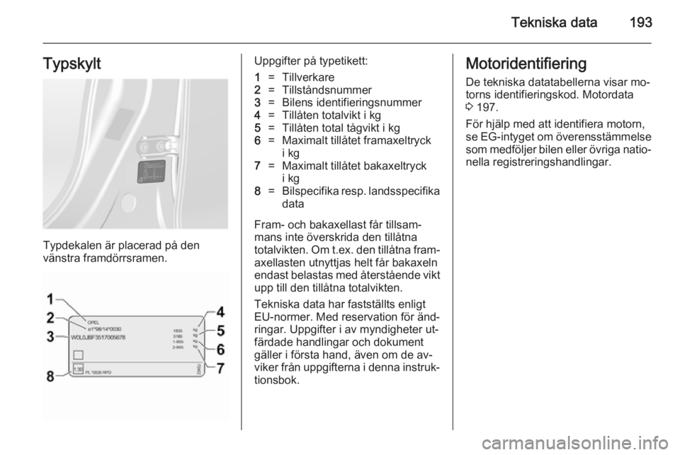 OPEL ANTARA 2014.5 Instruktionsbok Tekniska data193Typskylt
Typdekalen är placerad på den
vänstra framdörrsramen.
Uppgifter på typetikett:1=Tillverkare2=Tillståndsnummer3=Bilens identifieringsnummer4=Tillåten totalvikt i kg5=Til OPEL ANTARA 2014.5 Instruktionsbok Tekniska data193Typskylt
Typdekalen är placerad på den
vänstra framdörrsramen.
Uppgifter på typetikett:1=Tillverkare2=Tillståndsnummer3=Bilens identifieringsnummer4=Tillåten totalvikt i kg5=Til