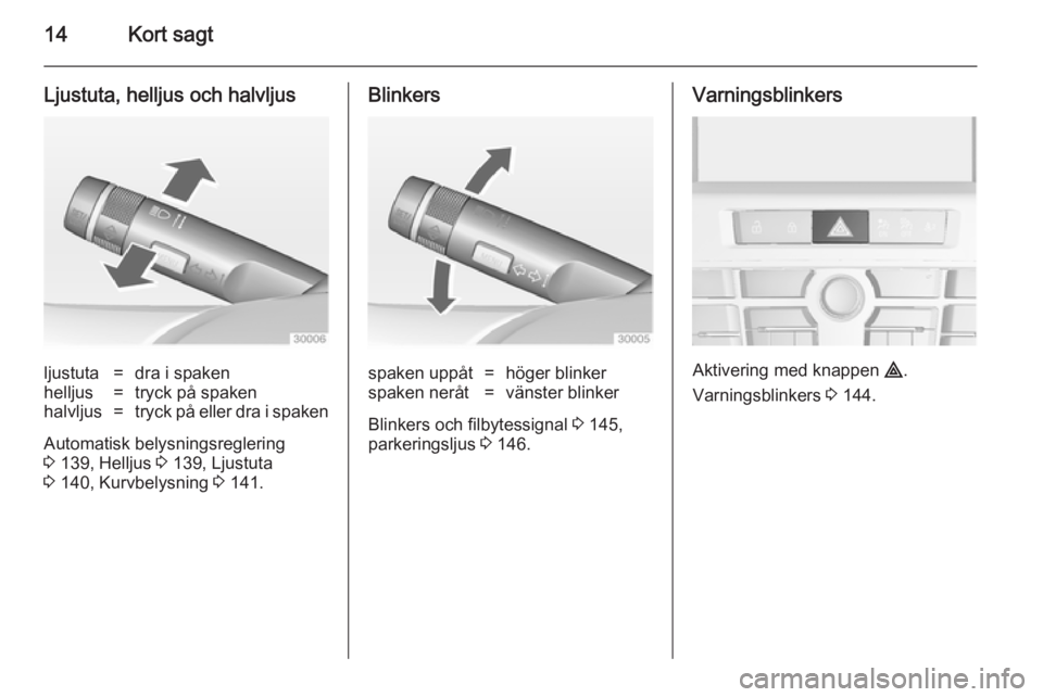 OPEL ASTRA J 2014  Instruktionsbok 14Kort sagt
Ljustuta, helljus och halvljusljustuta=dra i spakenhelljus=tryck på spakenhalvljus=tryck på eller dra i spaken
Automatisk belysningsreglering
3  139, Helljus  3 139, Ljustuta
3  140, Kur
