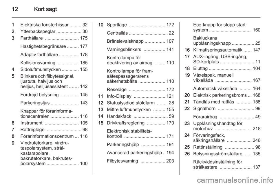 OPEL ASTRA J 2014.5 Instruktionsbok 12Kort sagt
1Elektriska fönsterhissar .........32
2 Ytterbackspeglar ...................30
3 Farthållare .......................... 175
Hastighetsbegränsare .........177
Adaptiv farthållare ..... OPEL ASTRA J 2014.5 Instruktionsbok 12Kort sagt
1Elektriska fönsterhissar .........32
2 Ytterbackspeglar ...................30
3 Farthållare .......................... 175
Hastighetsbegränsare .........177
Adaptiv farthållare .....