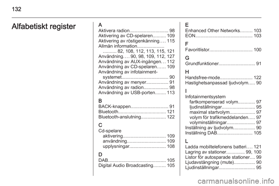 OPEL ASTRA J 2015  Handbok för infotainmentsystem 132Alfabetiskt registerAAktivera radion.............................. 98
Aktivering av CD-spelaren ..........109
Aktivering av röstigenkänning ....115
Allmän information..................... ......