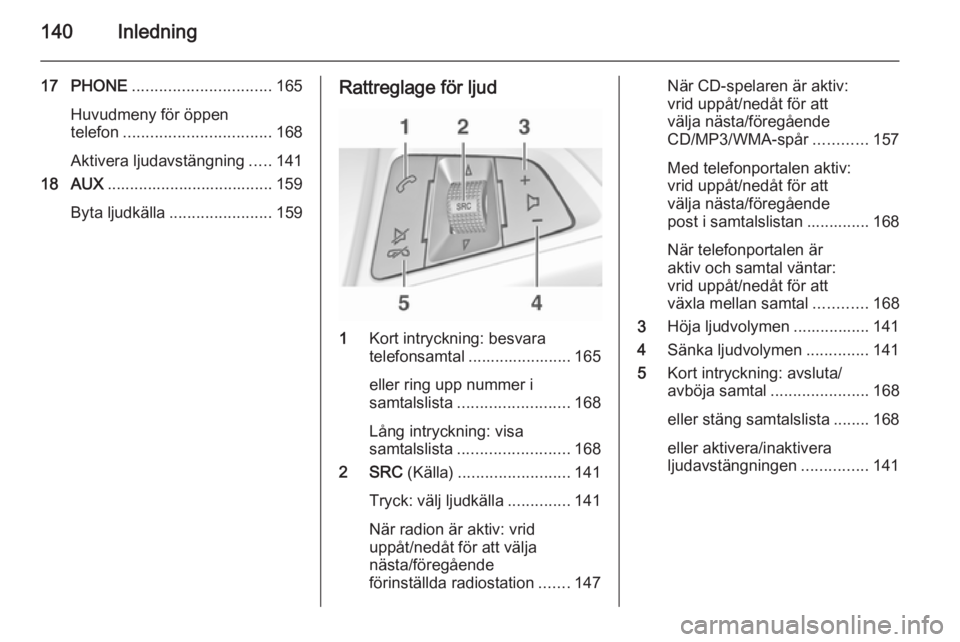 OPEL ASTRA J 2015  Handbok för infotainmentsystem 140Inledning
17 PHONE............................... 165
Huvudmeny för öppen
telefon ................................. 168
Aktivera ljudavstängning .....141
18 AUX .................................