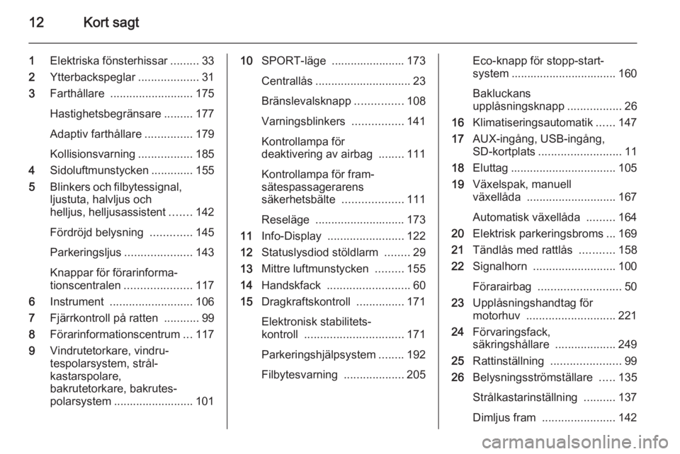 OPEL ASTRA J 2015  Instruktionsbok 12Kort sagt
1Elektriska fönsterhissar .........33
2 Ytterbackspeglar ...................31
3 Farthållare  .......................... 175
Hastighetsbegränsare .........177
Adaptiv farthållare .....