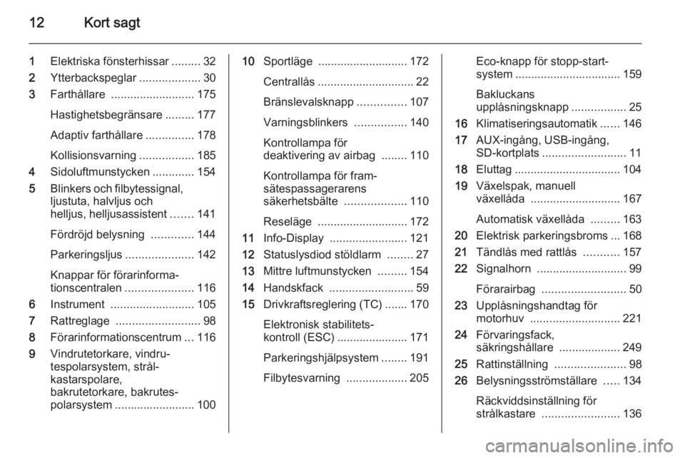 OPEL ASTRA J 2015.5 Instruktionsbok 12Kort sagt
1Elektriska fönsterhissar .........32
2 Ytterbackspeglar ...................30
3 Farthållare .......................... 175
Hastighetsbegränsare .........177
Adaptiv farthållare ..... OPEL ASTRA J 2015.5 Instruktionsbok 12Kort sagt
1Elektriska fönsterhissar .........32
2 Ytterbackspeglar ...................30
3 Farthållare .......................... 175
Hastighetsbegränsare .........177
Adaptiv farthållare .....