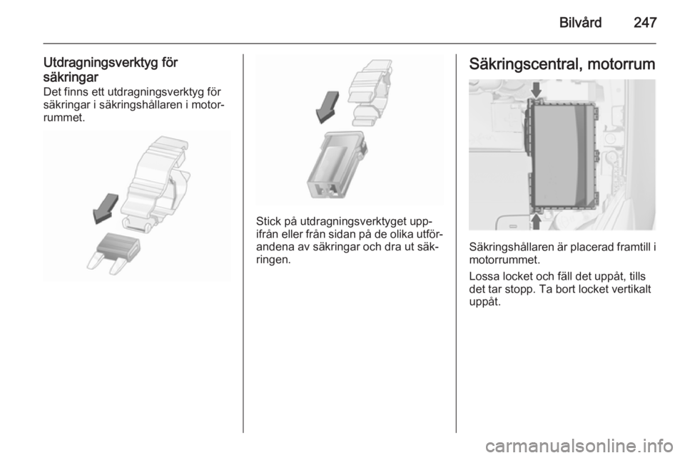 OPEL ASTRA J 2015.5  Instruktionsbok Bilvård247
Utdragningsverktyg för
säkringar Det finns ett utdragningsverktyg för
säkringar i säkringshållaren i motor‐
rummet.
Stick på utdragningsverktyget upp‐
ifrån eller från sidan p