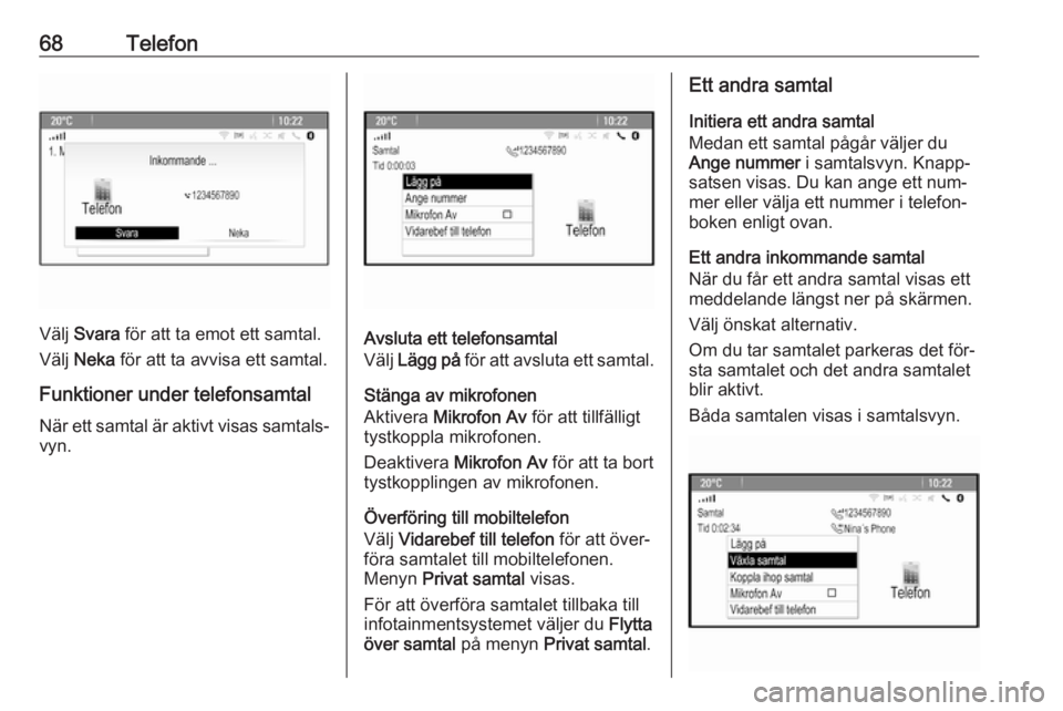 OPEL ASTRA J 2016.5  Handbok för infotainmentsystem 68Telefon
Välj Svara  för att ta emot ett samtal.
Välj  Neka  för att ta avvisa ett samtal.
Funktioner under telefonsamtal
När ett samtal är aktivt visas samtals‐ vyn.Avsluta ett telefonsamtal