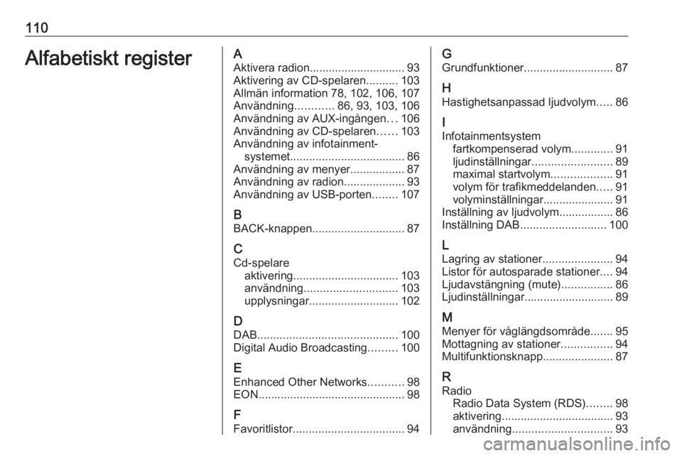 OPEL ASTRA J 2017 Handbok för infotainmentsystem 110Alfabetiskt registerAAktivera radion.............................. 93
Aktivering av CD-spelaren ..........103
Allmän information 78, 102, 106, 107
Användning ............86, 93, 103, 106
Användn OPEL ASTRA J 2017 Handbok för infotainmentsystem 110Alfabetiskt registerAAktivera radion.............................. 93
Aktivering av CD-spelaren ..........103
Allmän information 78, 102, 106, 107
Användning ............86, 93, 103, 106
Användn