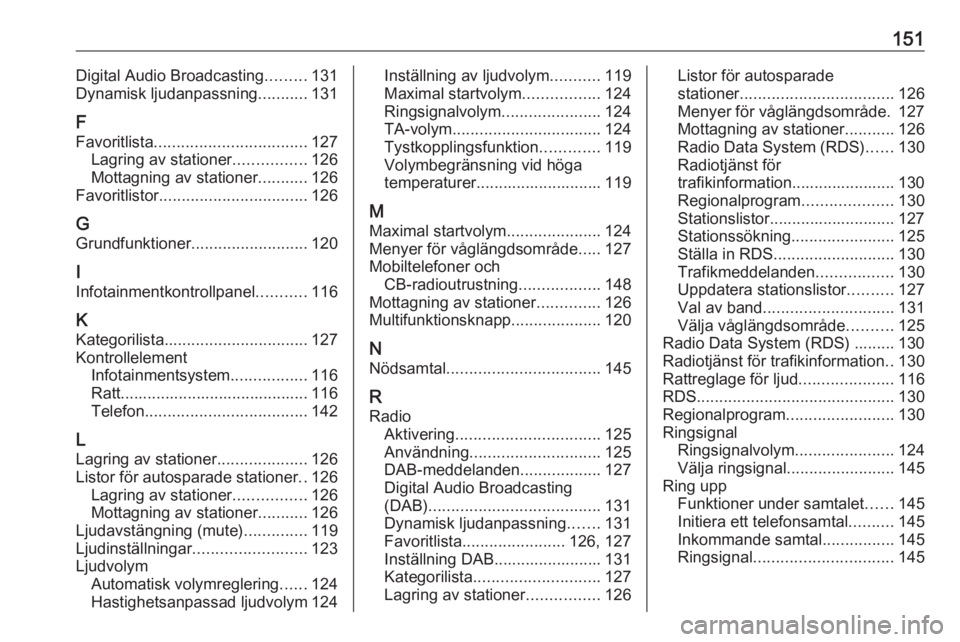 OPEL ASTRA J 2017 Handbok för infotainmentsystem 151Digital Audio Broadcasting.........131
Dynamisk ljudanpassning ...........131
F
Favoritlista .................................. 127
Lagring av stationer ................126
Mottagning av stationer OPEL ASTRA J 2017 Handbok för infotainmentsystem 151Digital Audio Broadcasting.........131
Dynamisk ljudanpassning ...........131
F
Favoritlista .................................. 127
Lagring av stationer ................126
Mottagning av stationer