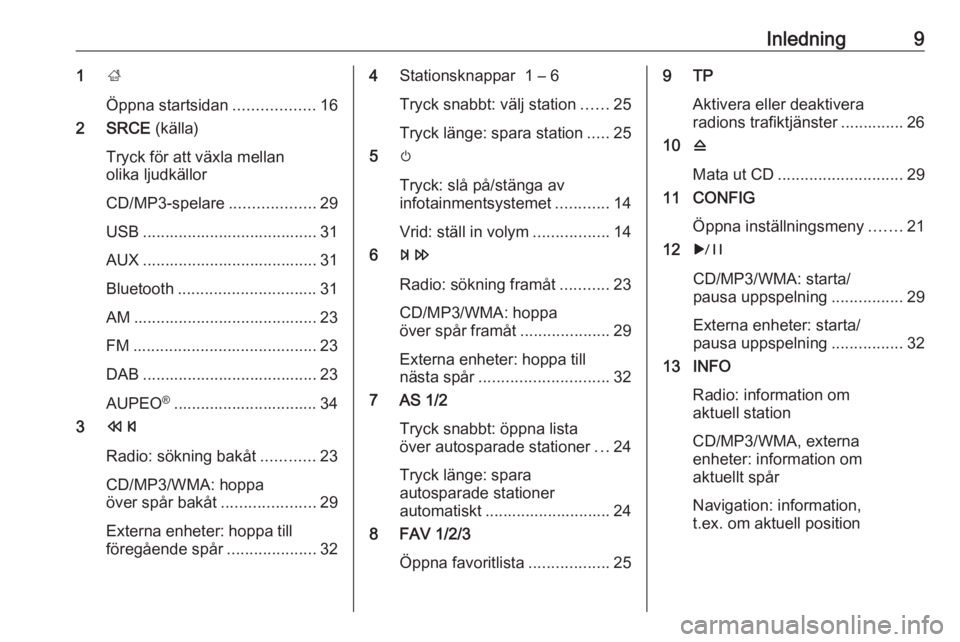 OPEL ASTRA J 2017  Handbok för infotainmentsystem Inledning91;
Öppna startsidan ..................16
2 SRCE  (källa)
Tryck för att växla mellan
olika ljudkällor
CD/MP3-spelare ...................29
USB ....................................... 31
