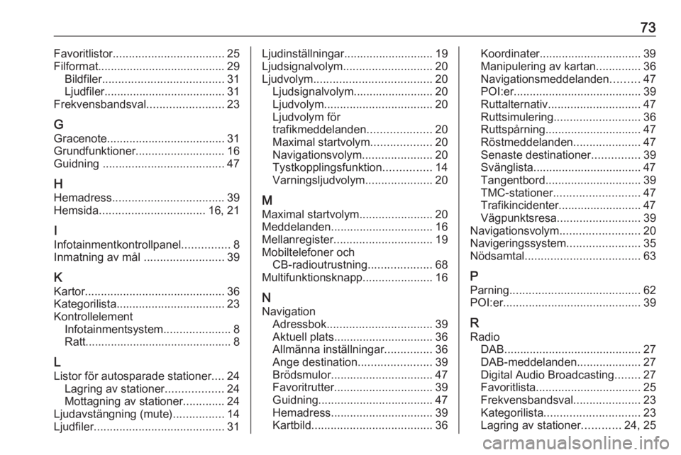 OPEL ASTRA J 2018  Handbok för infotainmentsystem 73Favoritlistor................................... 25
Filformat........................................ 29 Bildfiler ...................................... 31
Ljudfiler................................