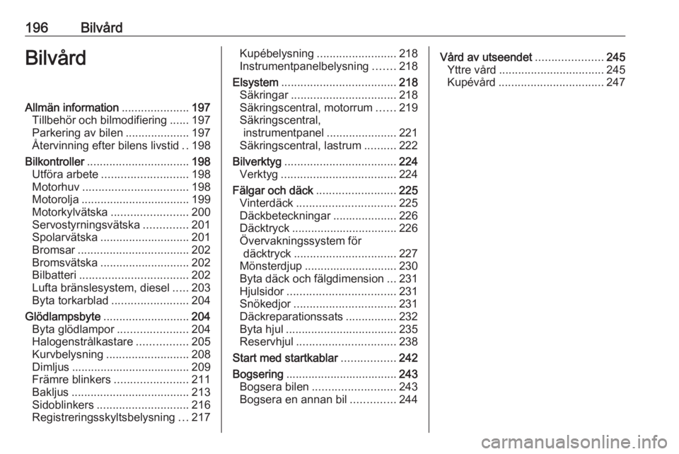 OPEL ASTRA J 2018 Instruktionsbok 196BilvårdBilvårdAllmän information.....................197
Tillbehör och bilmodifiering ......197
Parkering av bilen ....................197
Återvinning efter bilens livstid ..198
Bilkontroller OPEL ASTRA J 2018 Instruktionsbok 196BilvårdBilvårdAllmän information.....................197
Tillbehör och bilmodifiering ......197
Parkering av bilen ....................197
Återvinning efter bilens livstid ..198
Bilkontroller