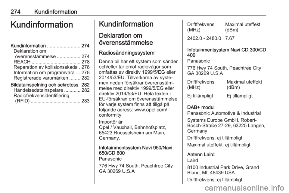 OPEL ASTRA J 2018 Instruktionsbok 274KundinformationKundinformationKundinformation........................274
Deklaration om överensstämmelse .................274
REACH .................................... 278
Reparation av kollisio OPEL ASTRA J 2018 Instruktionsbok 274KundinformationKundinformationKundinformation........................274
Deklaration om överensstämmelse .................274
REACH .................................... 278
Reparation av kollisio